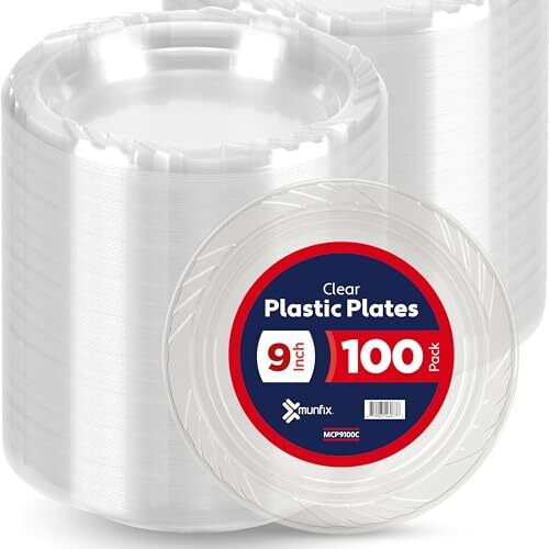 100 Clear Plastic Plates Set - 9 Inch Plastic Dinner Plates, Disposable Plate...