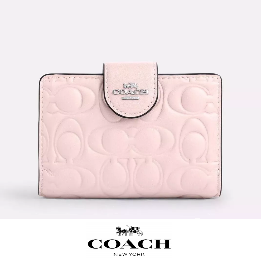 NWT COACH Medium Corner Zip Signature Wallet Silver Blush Leather