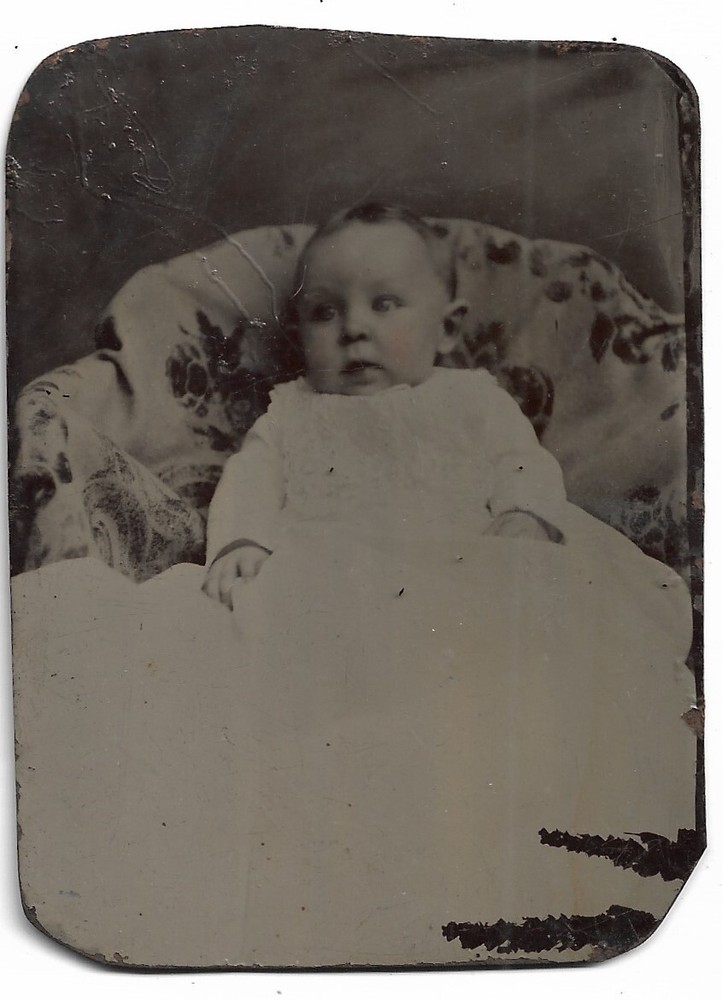 Beautiful Victorian Tintype Photograph Wearing White Dress Seated on Chair