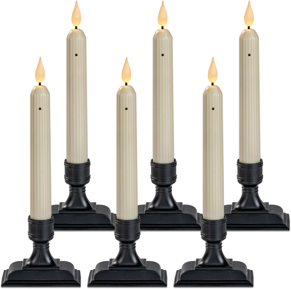 Battery-Operated LED Window Candles - Set of 6 Ivory Flameless Taper Candles wit