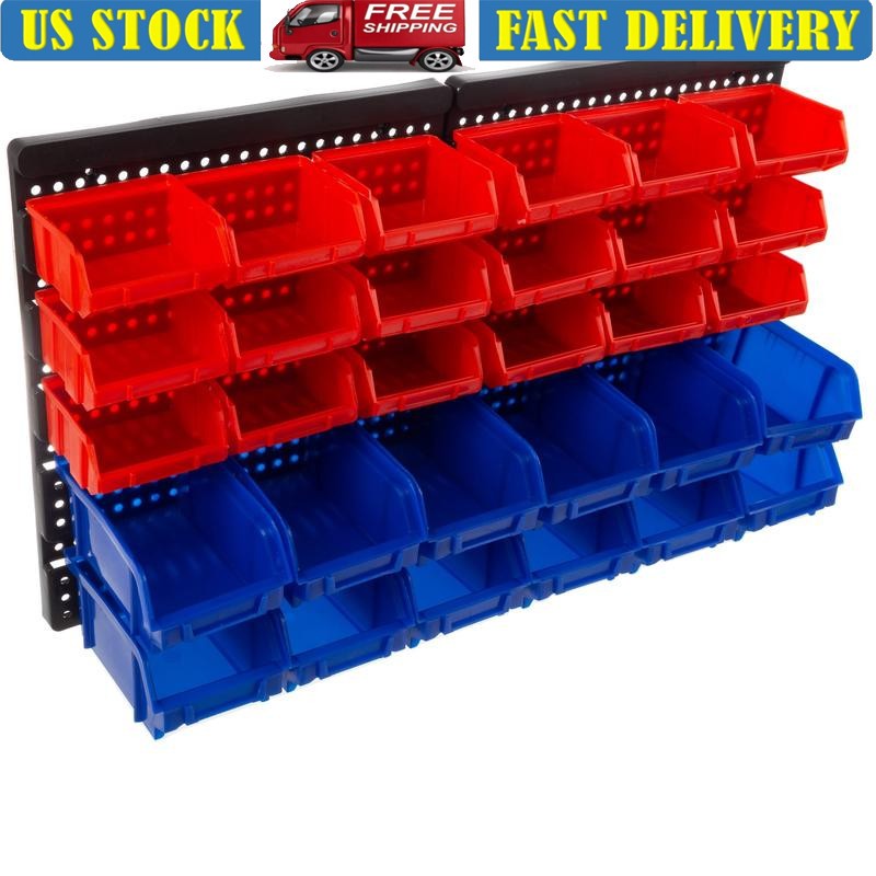 Wall-Mounted 30-Bin Garage Organizer Plastic Storage Bins Easy Access