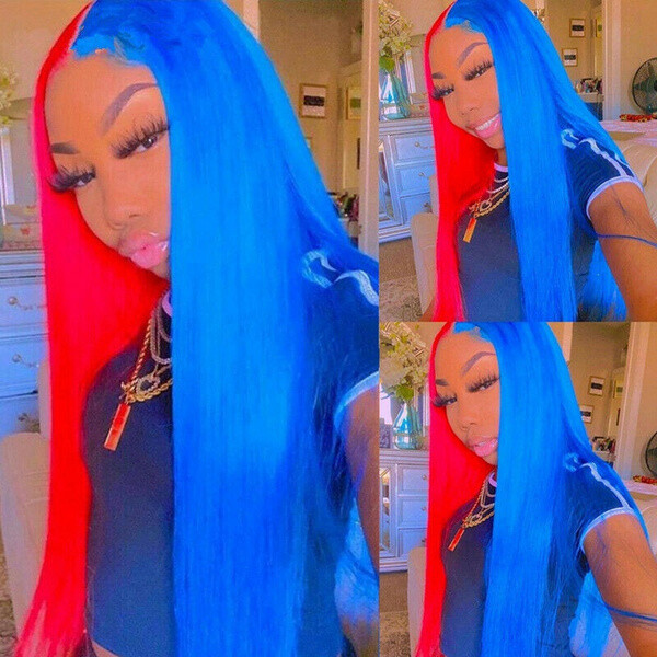 Half Red Half Blue Long Straight Lace Front Wigs Party Cos Glueless Soft Wigs