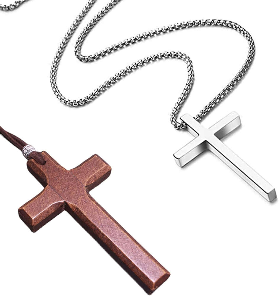 2 PCS Cross Necklace for Men, 1 Piece Silver Stainless Steel Cross Pendant Neckl