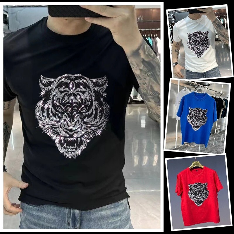 Fashion Tiger Trend Rhinestone Diamond Short Sleeve Luxury Men Summer T-Shirt