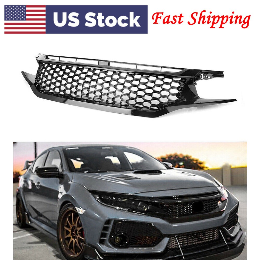 Honeycomb Mesh Sport Gloss Black Front Hood Bumper Grill For Honda Civic 2016-18