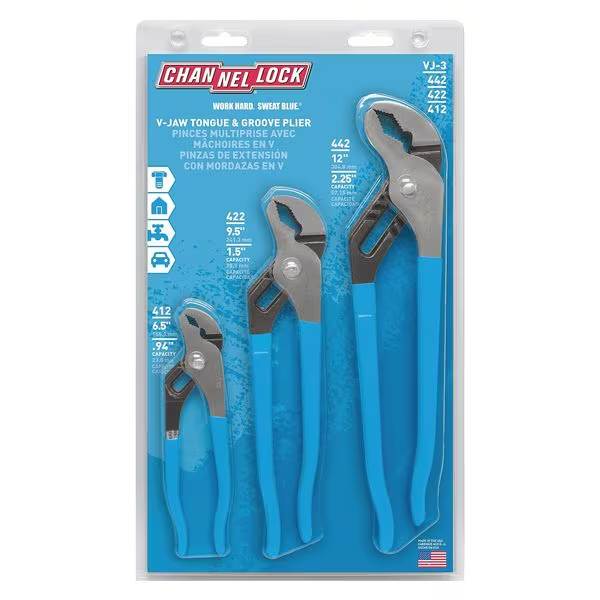 Channellock 3 Pc Tongue and Groove Plier Set, Dipped Handle.