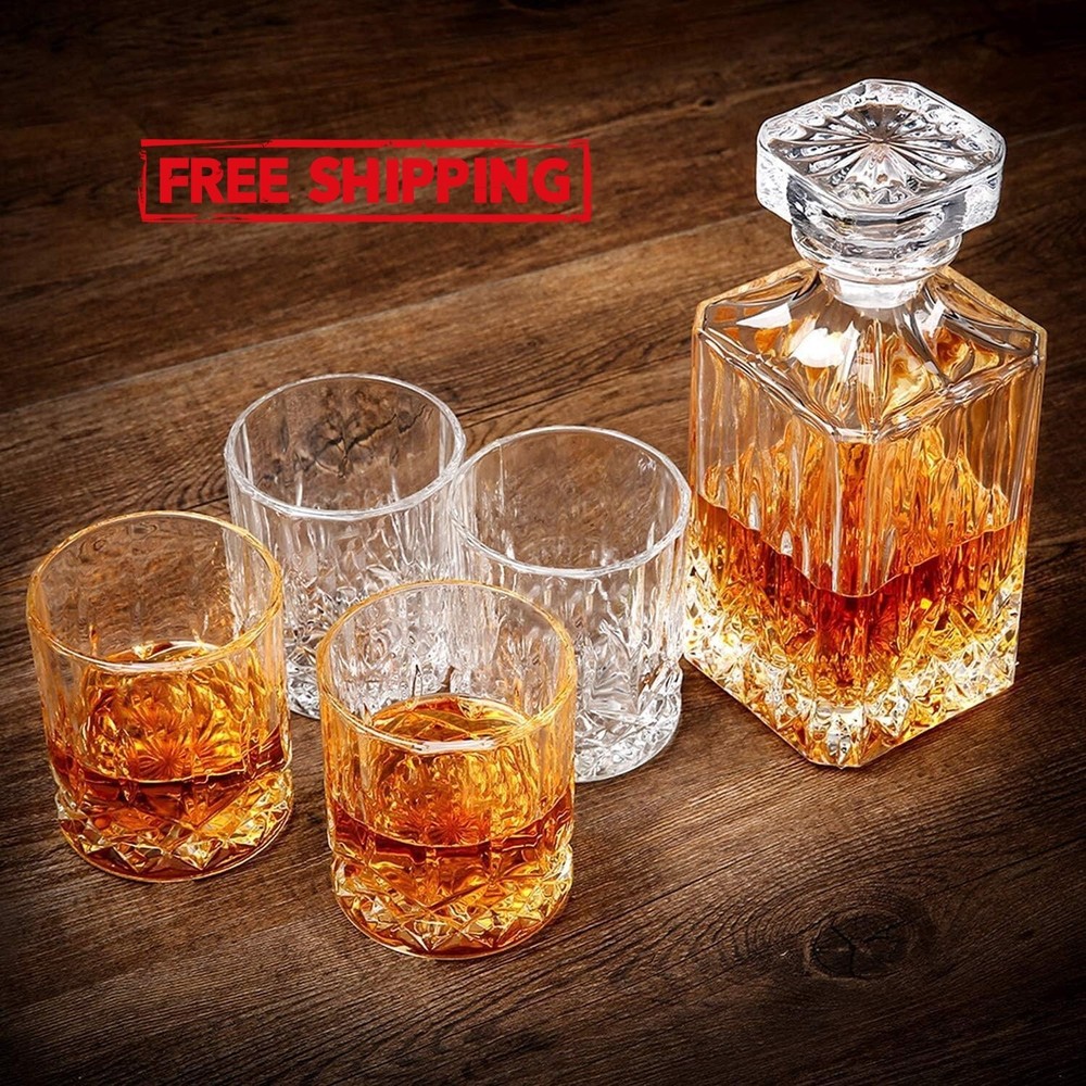 Whisky glasses and crystal decanter set with generous capacity NEW