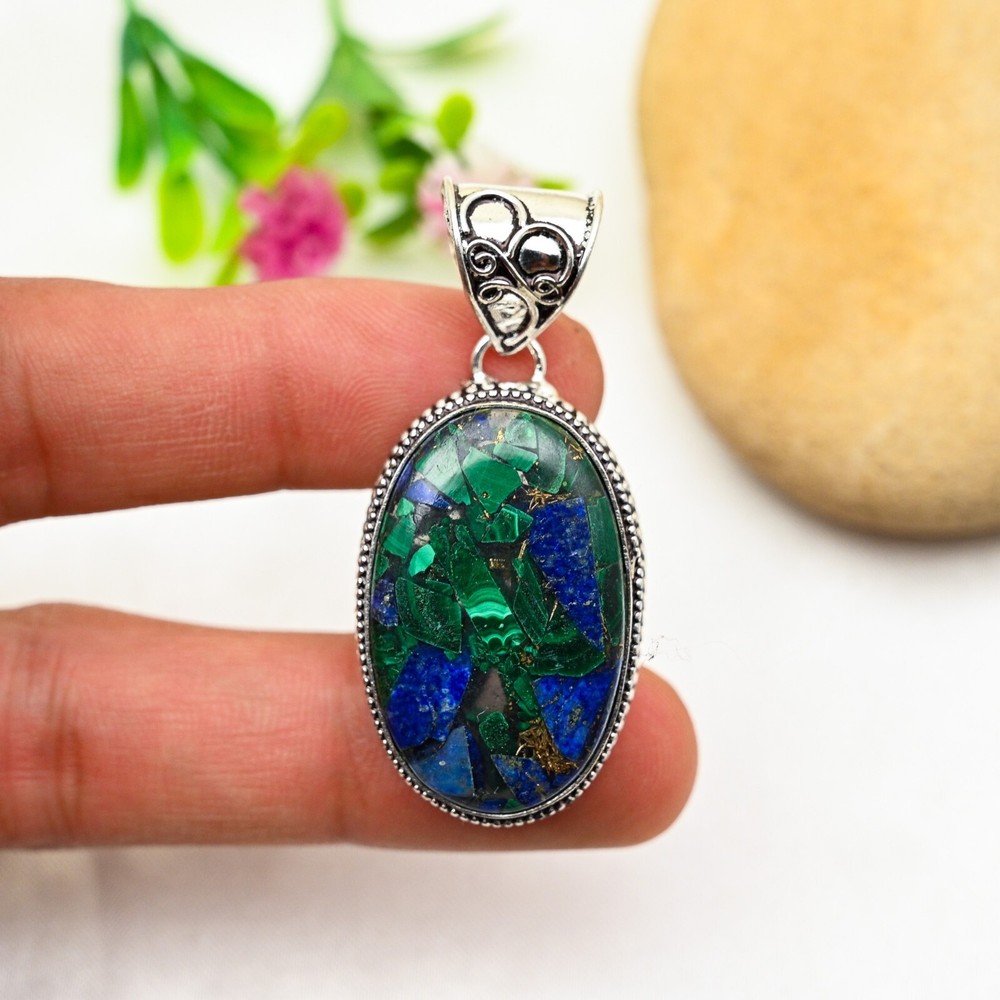 Azurite Malachite Gemstone Pendant in 925 Sterling Silver Handmade Jewelry Gift