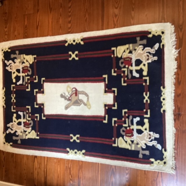 Equestrian Theme Kilim Rug Navy, Wine Red, Hunter green, Ivory and Gold.