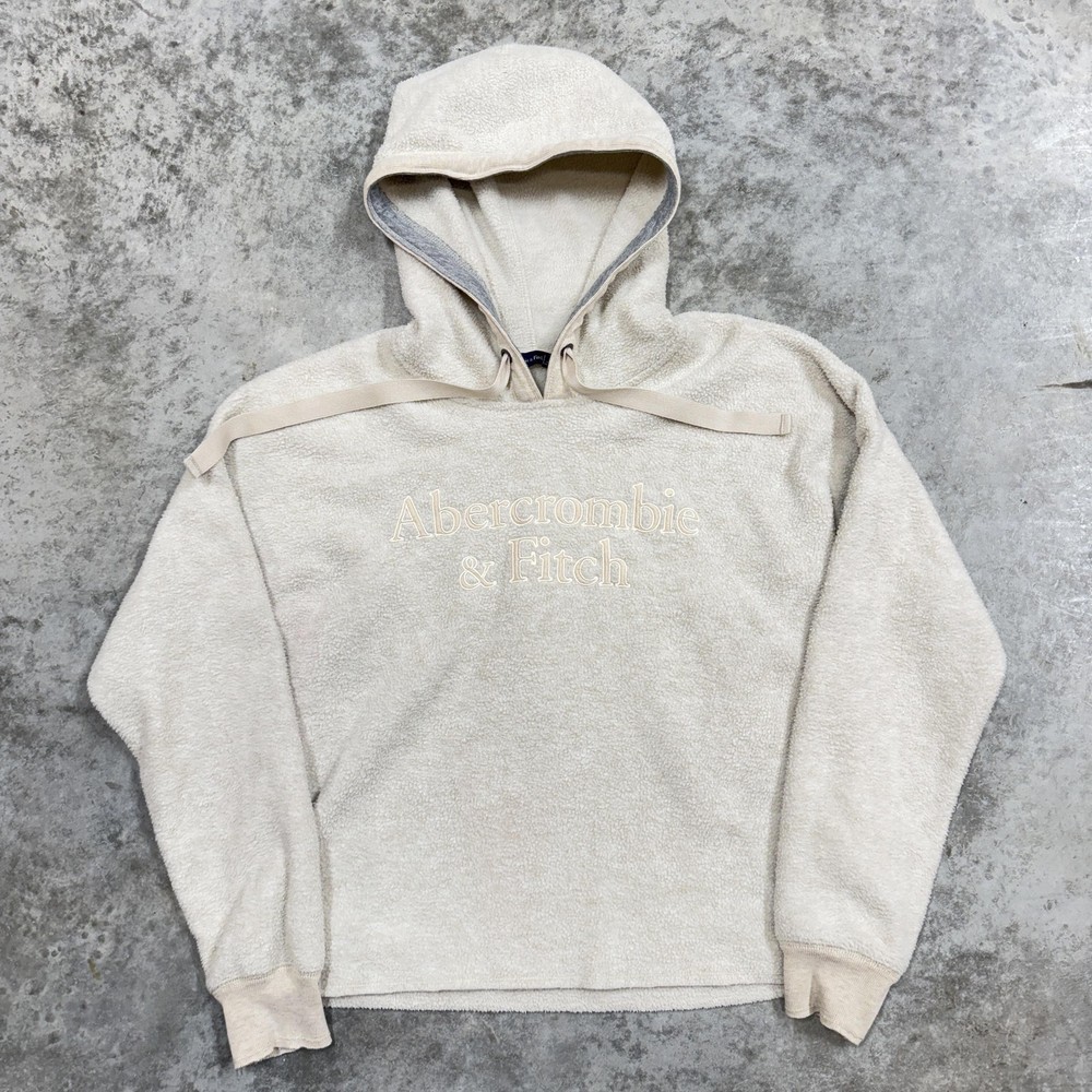 Abercrombie & Fitch Hoodie Womens Small Beige Sherpa Fleece Logo Pullover Cozy
