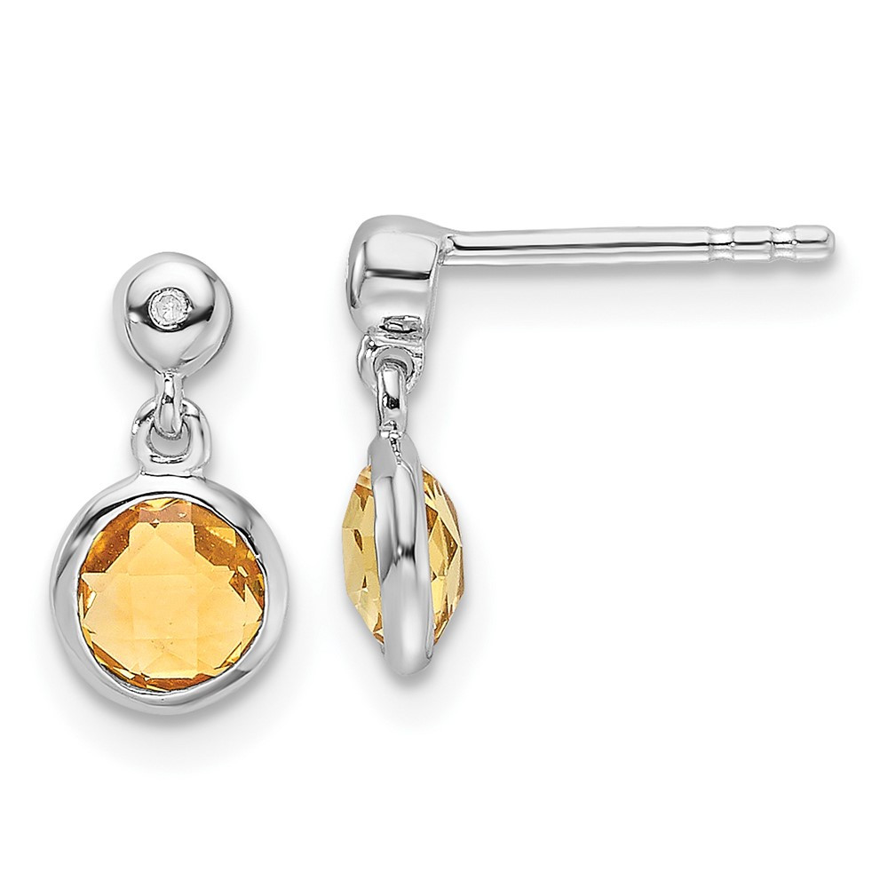 Sterling Silver Rhodium-Plated Diamond Citrine Drop Dangle Earrings 0.61gm