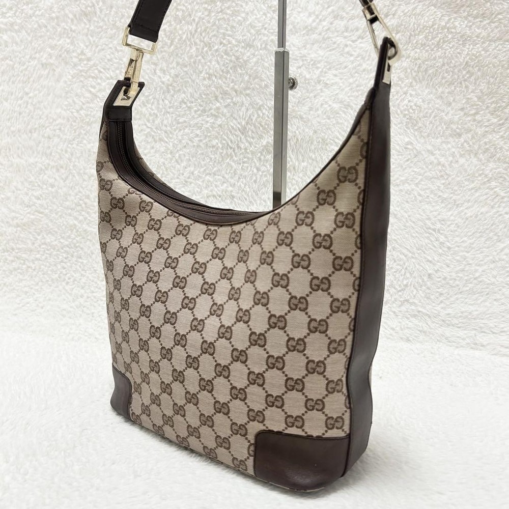 Gucci GG Canvas Leather One Shoulder Bag in Beige Brown Pre-Owned