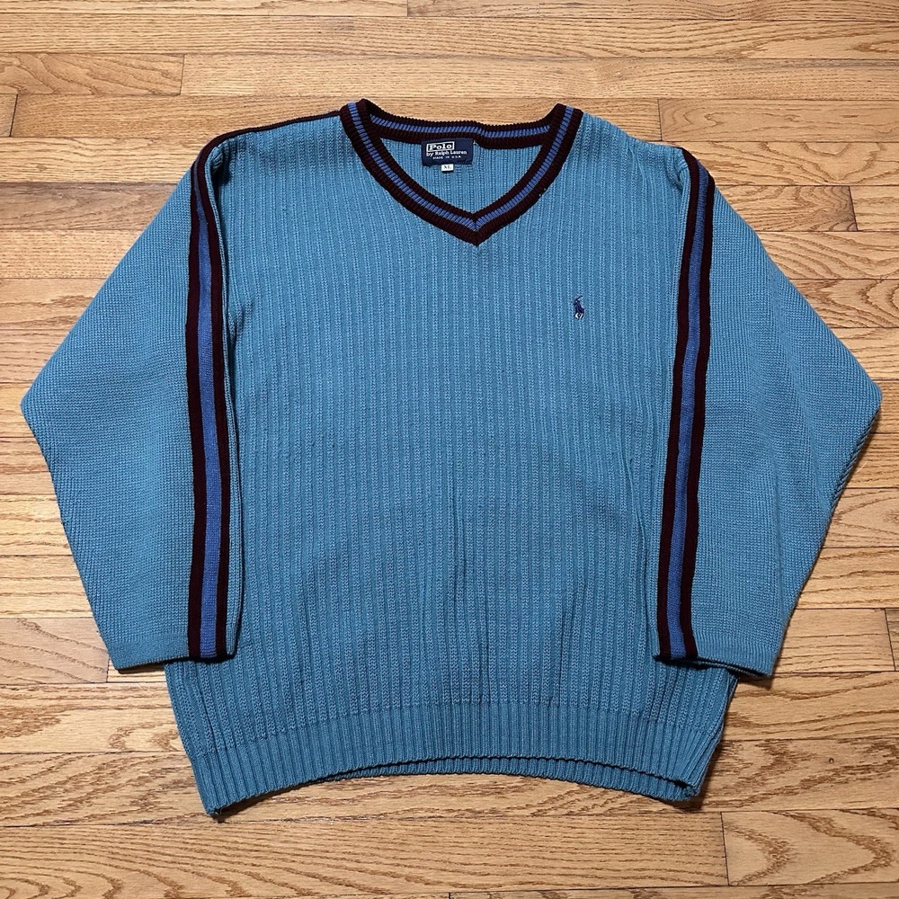 VTG Polo Ralph Lauren Teal Sweater Mens XL Tennis Prep Ivy 80s 90s Old Money