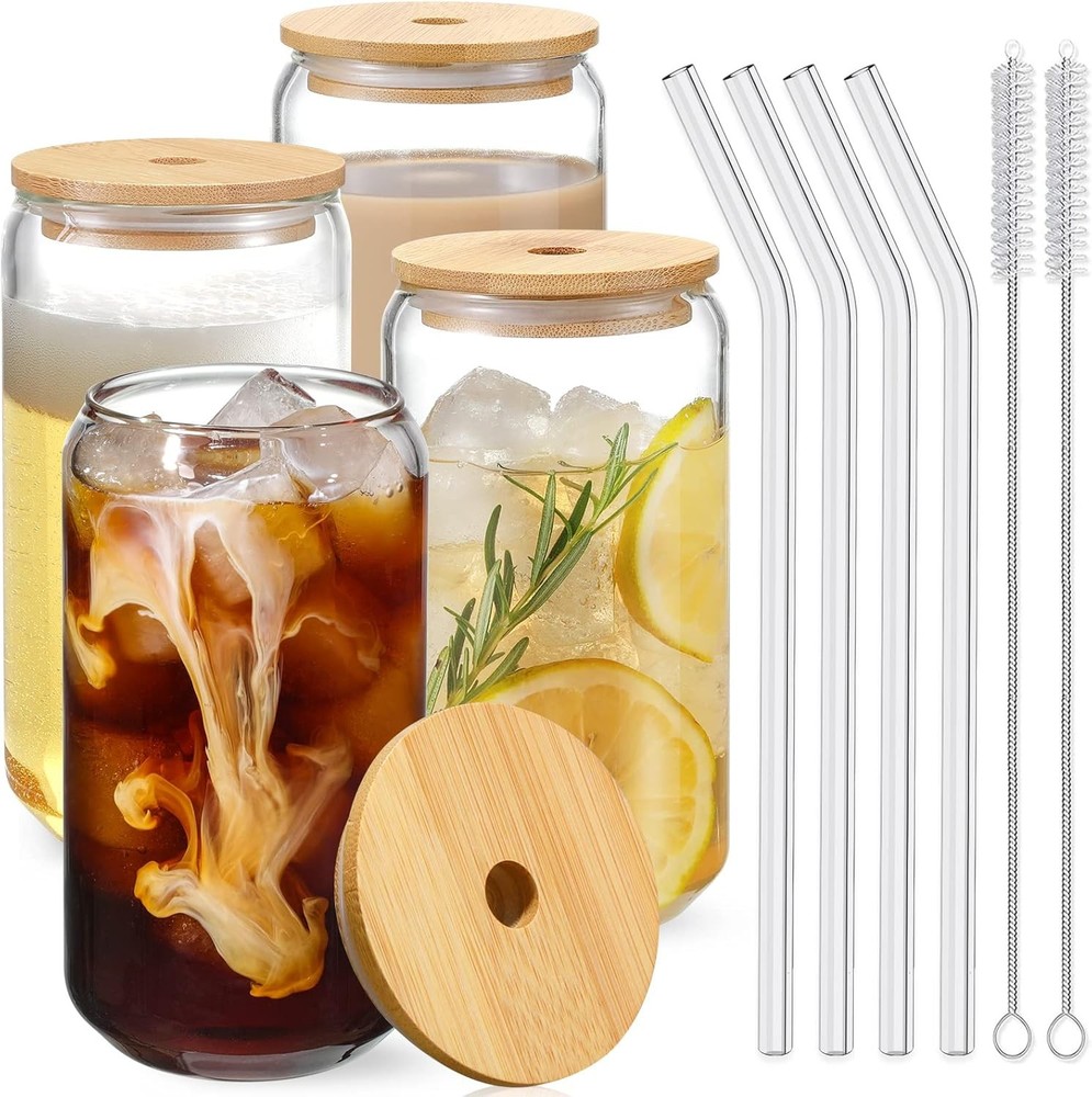 16oz Glass Cups Set of 4 with Bamboo Lids & Straws Drinking Glass Tumblers