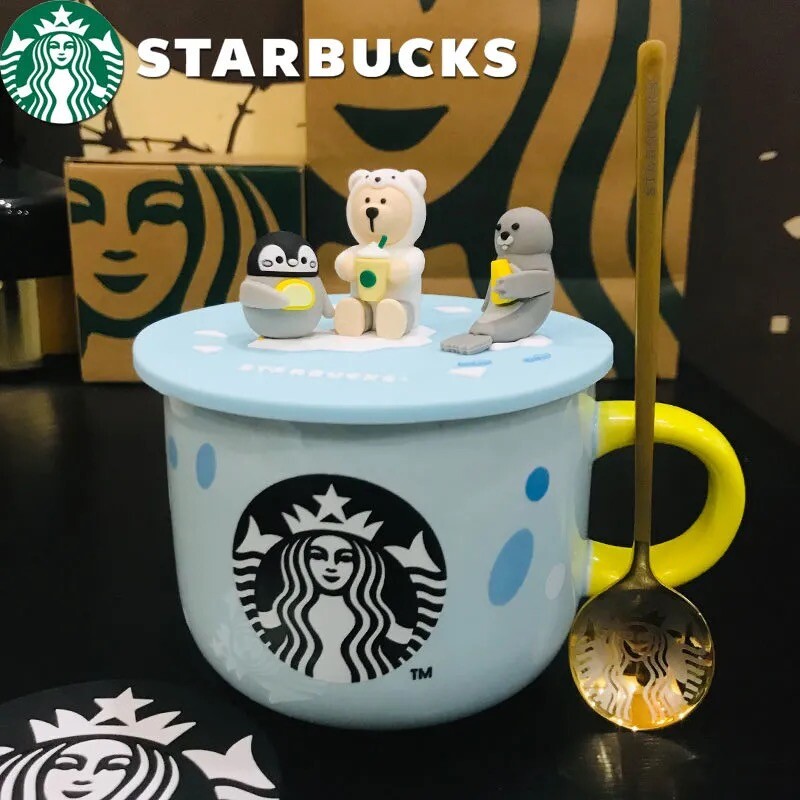 Starbucks Cute polar bear Ceramic Blue Cup w/ lid spoon coaster Coffee Mug Gifts