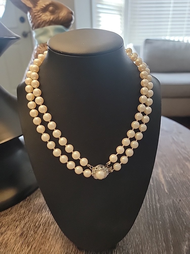 Vintage Double Strand Faux Pearl Necklace with Rhinestone Clasp
