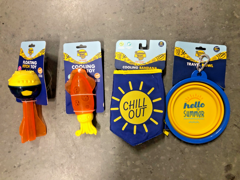 Floating Banana Boat Dog Toy Set with Cooling Bandana and Travel Bowl