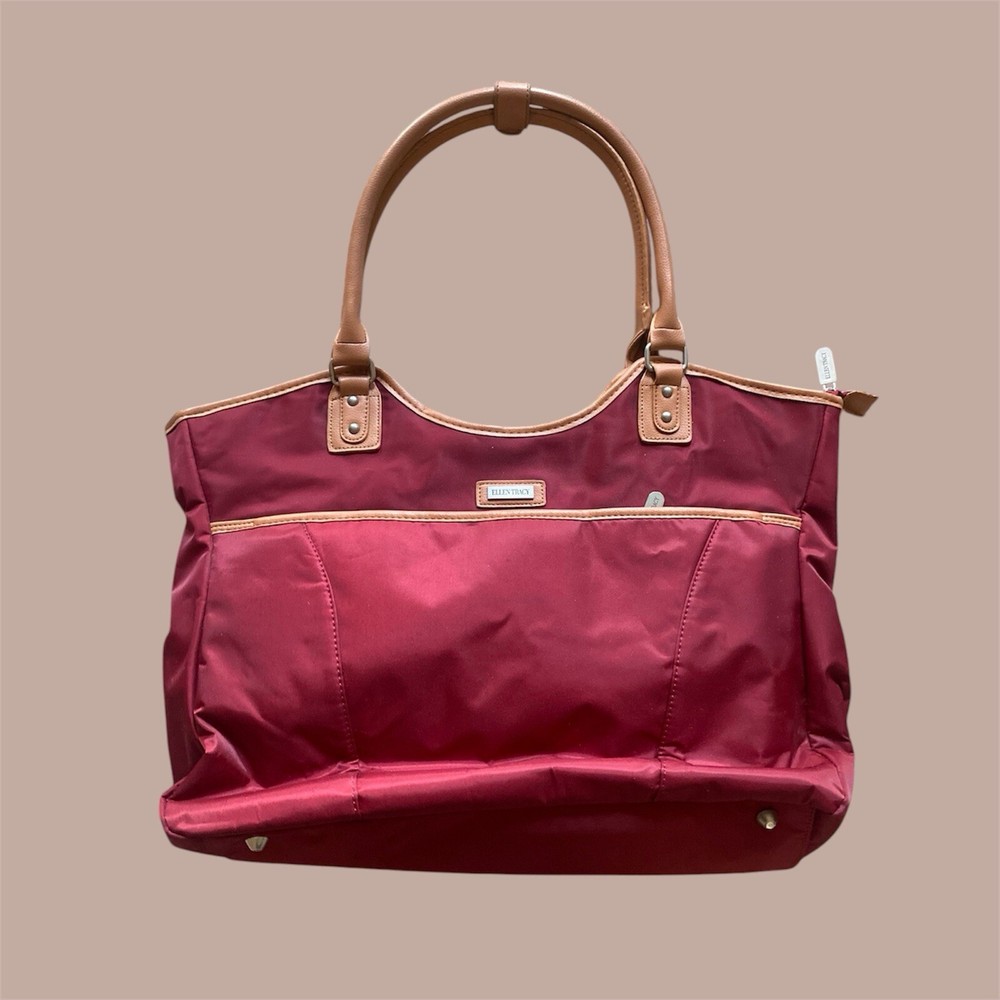 Ellen Tracy Two-Tone Faux Leather Tote Bag with Contrasting Red Brown Trim