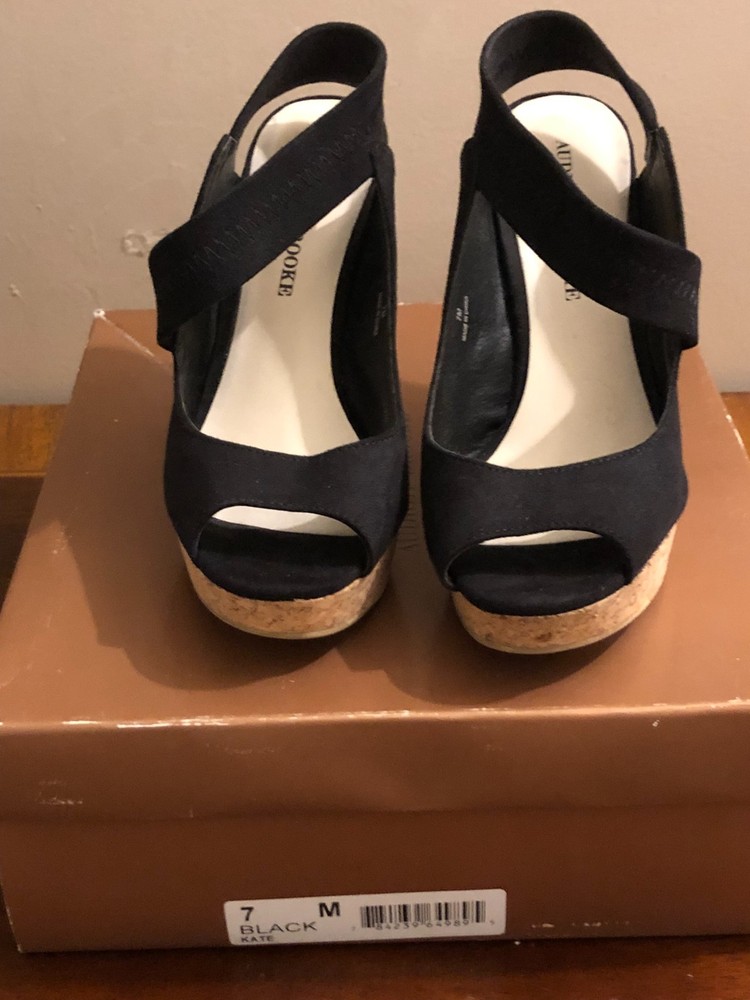 Audrey Brooke Kate Black Cork Wedge Sandals Peep Toe Platform Slingback Size 7M