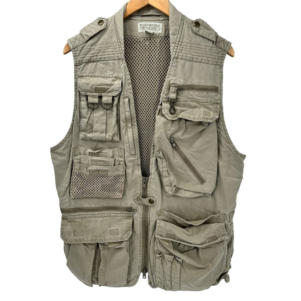 Banana Republic Safari Vest Mens Medium Jacket Khaki Tan Travel Utility Vintage