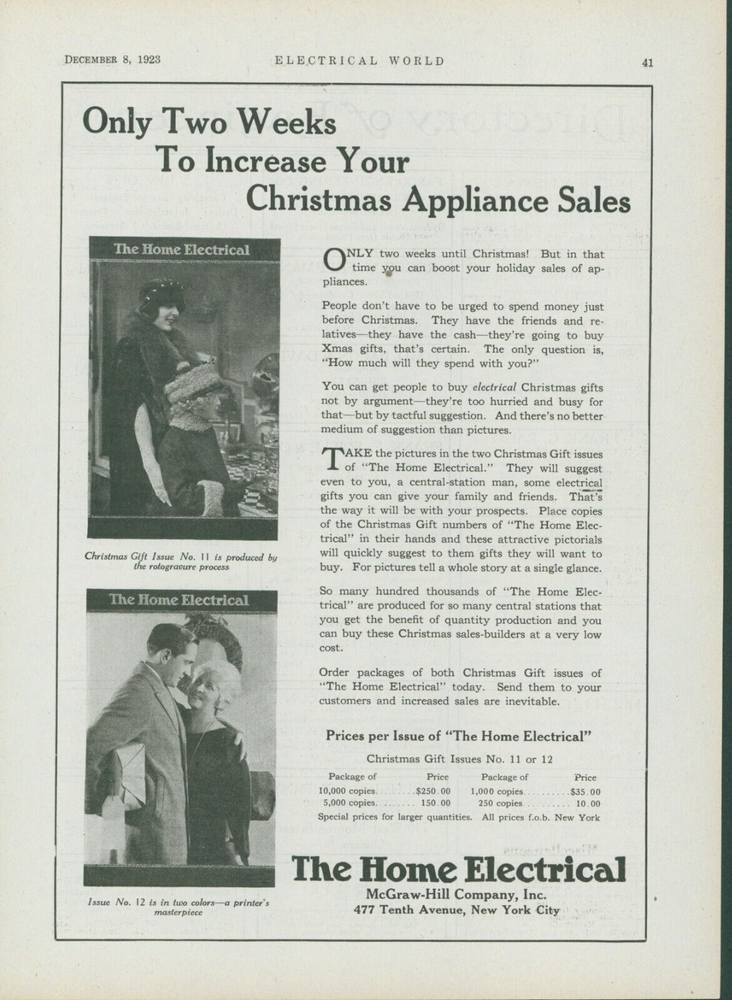 1923 Home Electrical Business Increase Christmas Appliance Sales Ad EW1