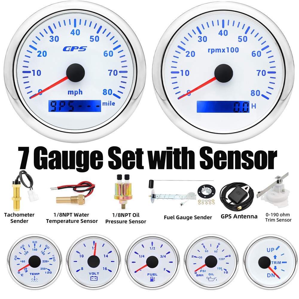 85mm Marine GPS Speedometer with Tachometer & 52mm Multi-Gauge for Fuel Temp Oil Volt Trim + Sensors