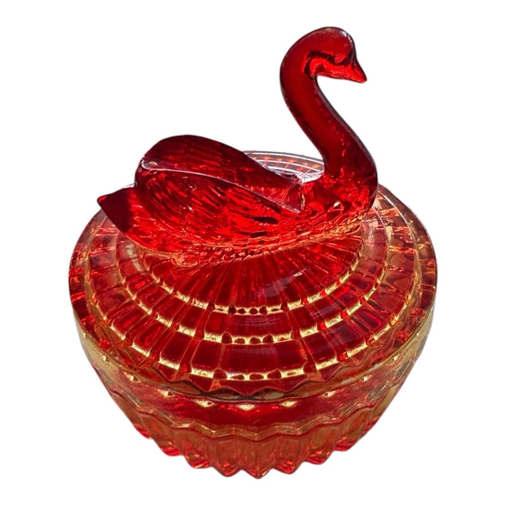 Vintage JEANNETTE Amberina Glass Swan Vanity Dish for Powder Candy or Lipstick