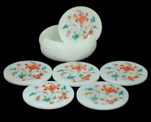 Buy Marble Coasters Set Inlay With Natural Stones Floral Art Cyber Monday Gift-image