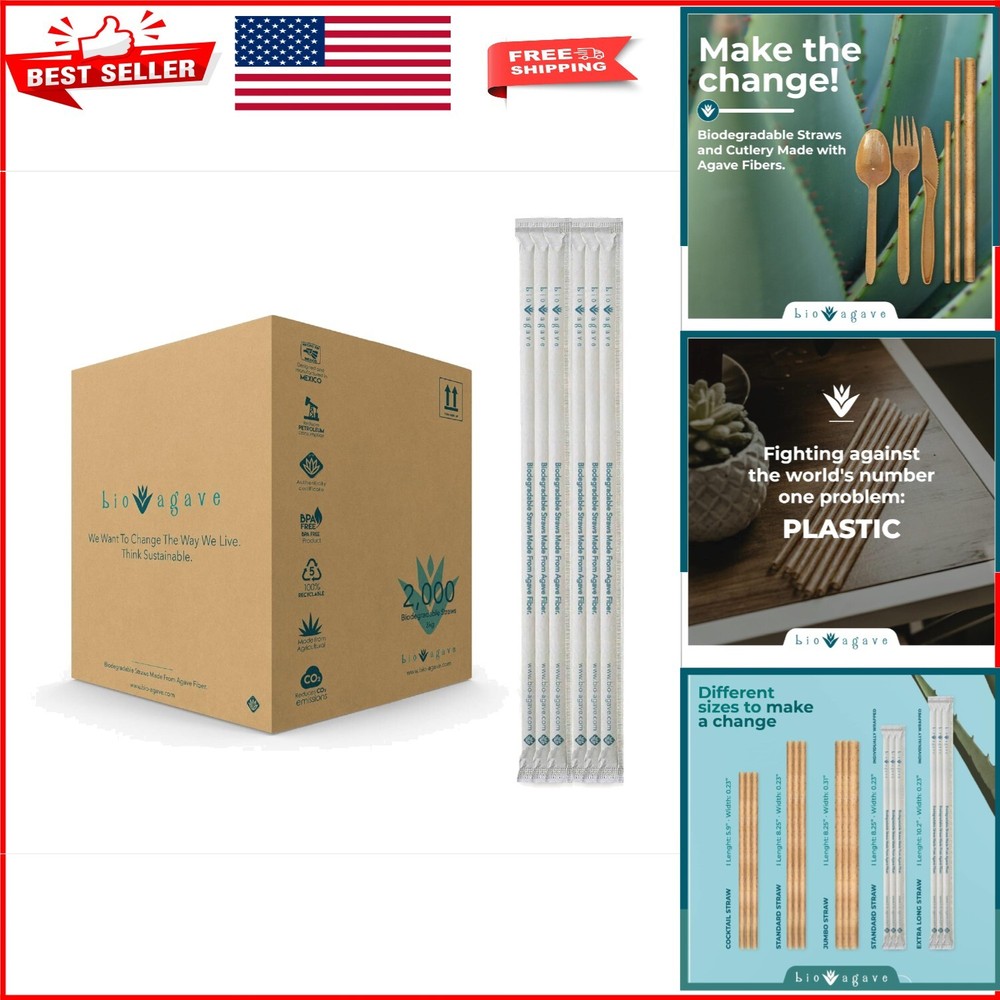 2000 Pack Individually Wrapped Biodegradable Agave Fiber Straws - Eco-Friendly