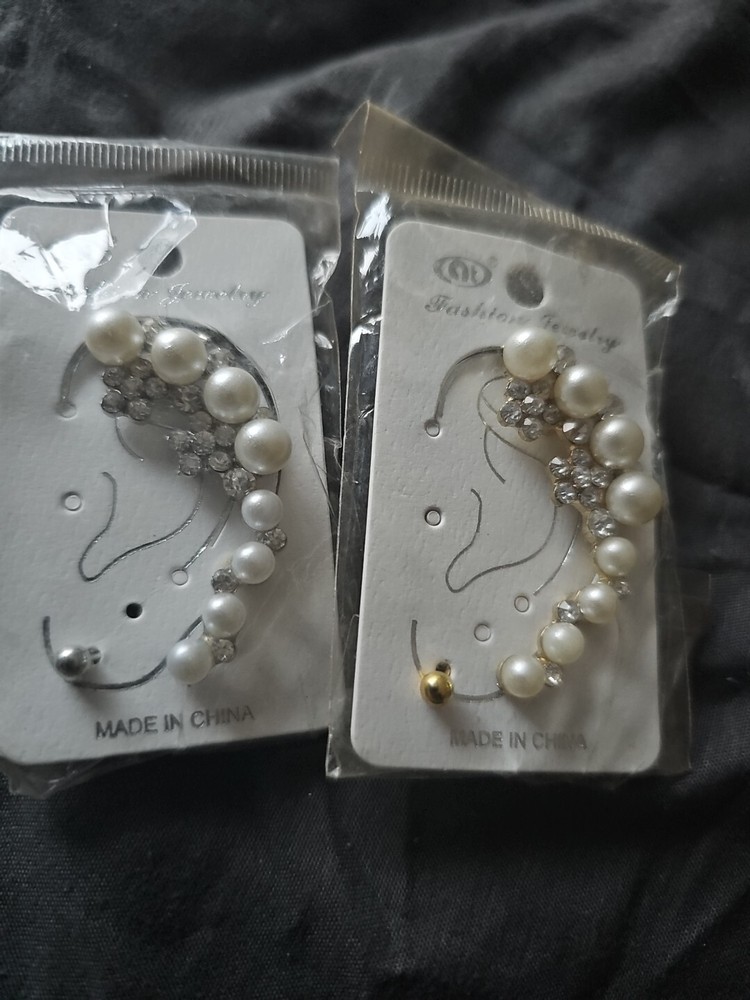 Pearl and Rhinestone Ear Cuff Pair - Set of 2 Elegant Ear Climbers  