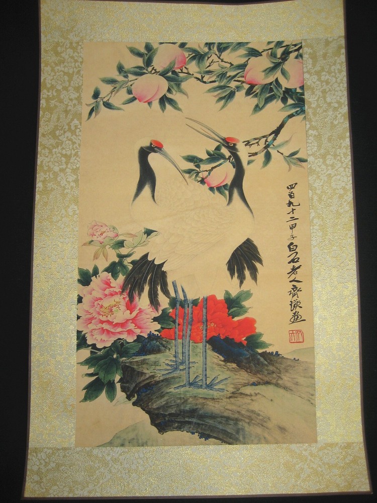 Old Chinese Antique painting scroll Crane and Peach On Rice paper Qi Baishi齐白石