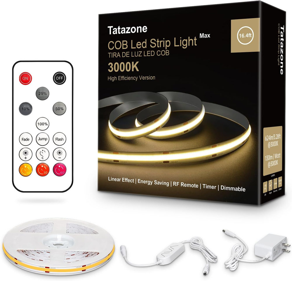 16.4Ft White COB LED Strip Lights 3000K Dimmable Ultra Bright with RF Remote