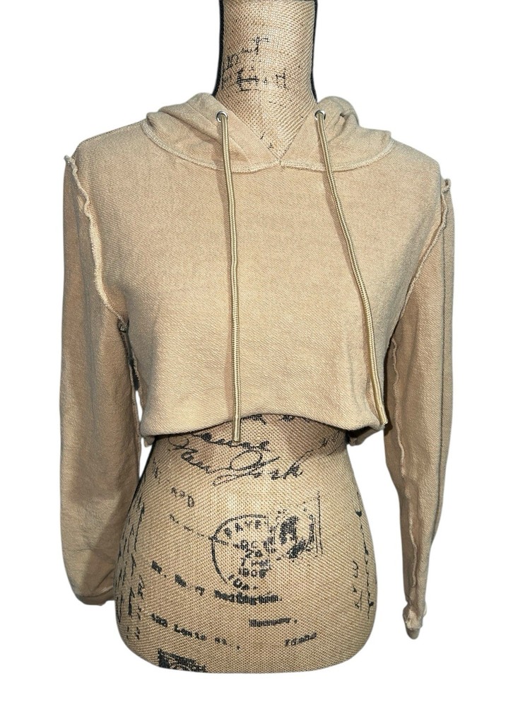 DANIELLE GUIZIO Beige 100% Cotton Cropped Hoodie Hooded Sweatshirt Womens Medium
