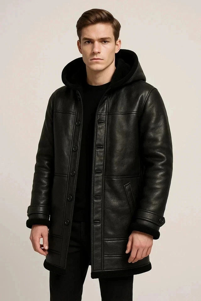 Men’s Black Faux Shearling Leather Hooded Coat | Genuine Sheepskin Winter Jacket
