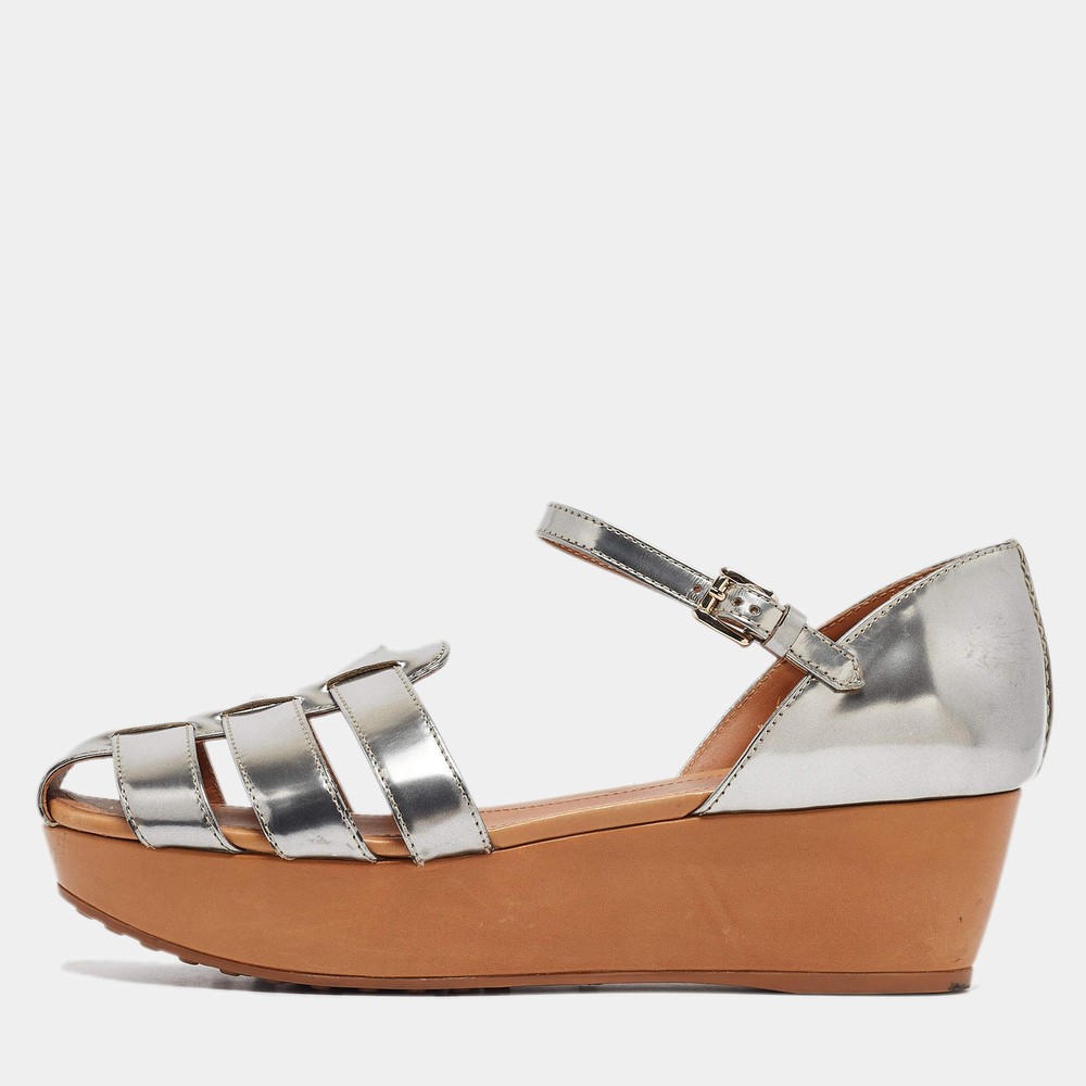 Tods Silver Leather Platform Sandals Size 40