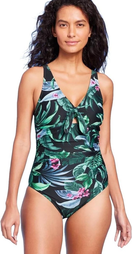 Kona Sol Women's Tie Front Tummy Control One Piece Swimsuit Full Coverage S (4-6