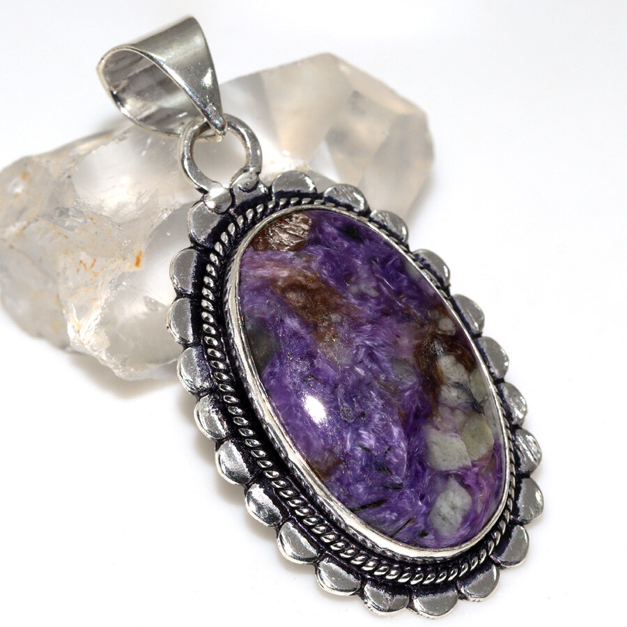 925 Silver Plated Charoite Ethnic Pendant Handmade Jewelry Size 2