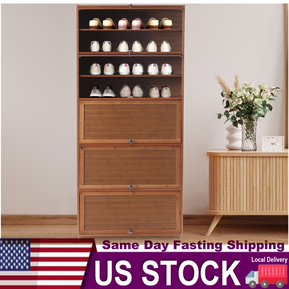 10-Tier Bamboo Shoe Rack Cabinet with Wood Shelf Storage Organizer