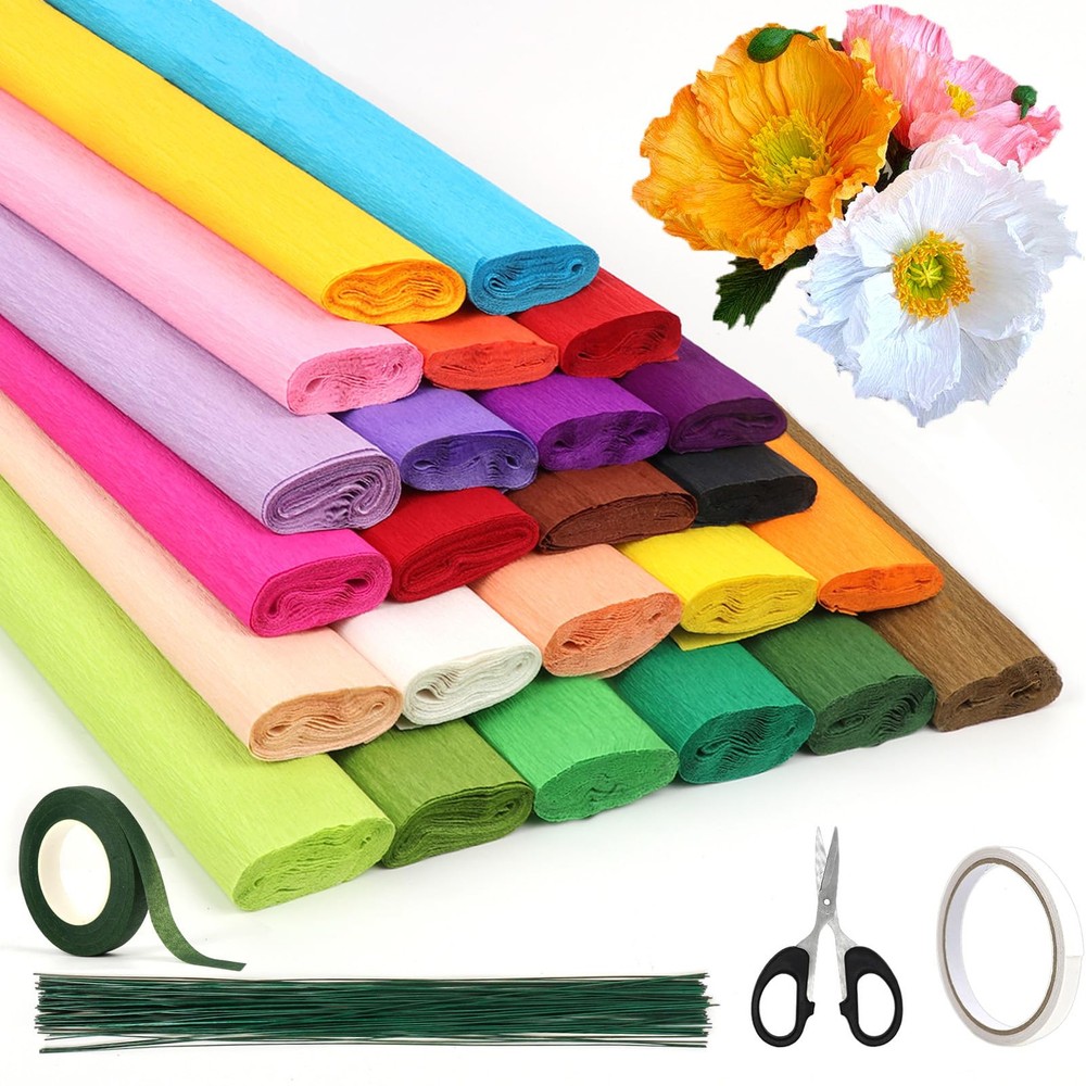 24-Color Crepe Paper Rolls, 10x98 Inch Sheets with 100-Piece Assortment