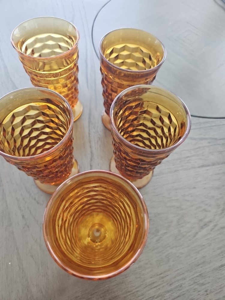Vintage Set of 5 Indiana Whitehall 6 Inch Footed Amber Glasses