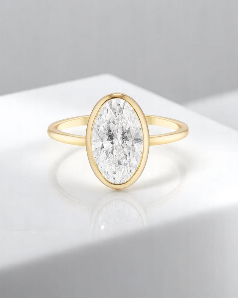 2.0CTW IGI Certified Oval Cut Lab Diamond Bezel Set 14k Gold Diamond Ring