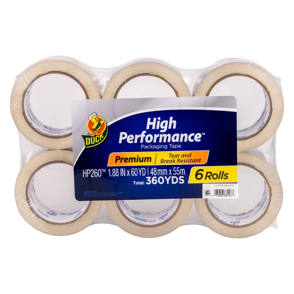 Duck Brand High Performance Packing Tape, Clear, 1.88 in. x 60 yd., 6 Rolls
