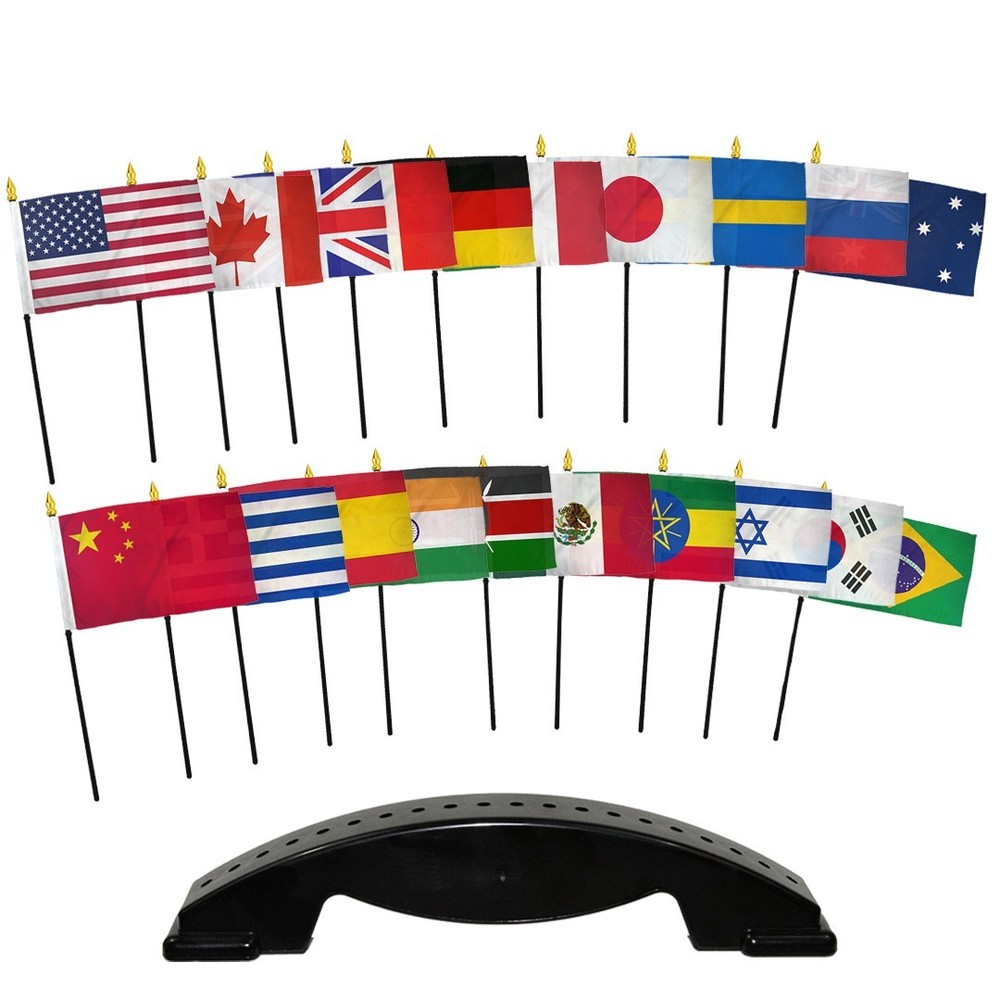 20 International Country Flags Set 4x6in Stick Flags 20-Hole Desk Stand Base