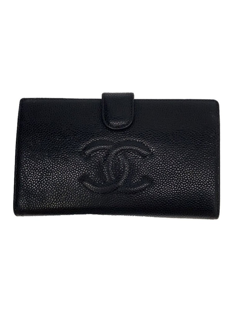 CHANEL Long Wallet Coco Mark Caviar Leather Kiss Lock Coin Purse Black Pre-Loved