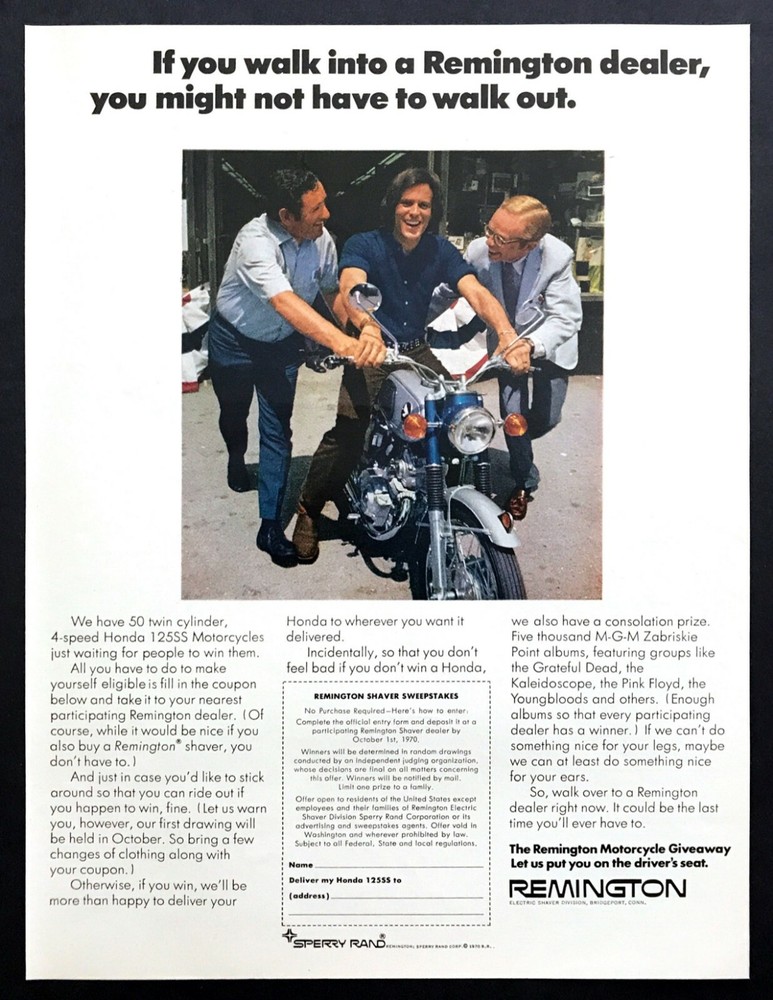 1971 Honda Honda 125 SS Motorcycle photo Remington Shaver Contest promo print ad