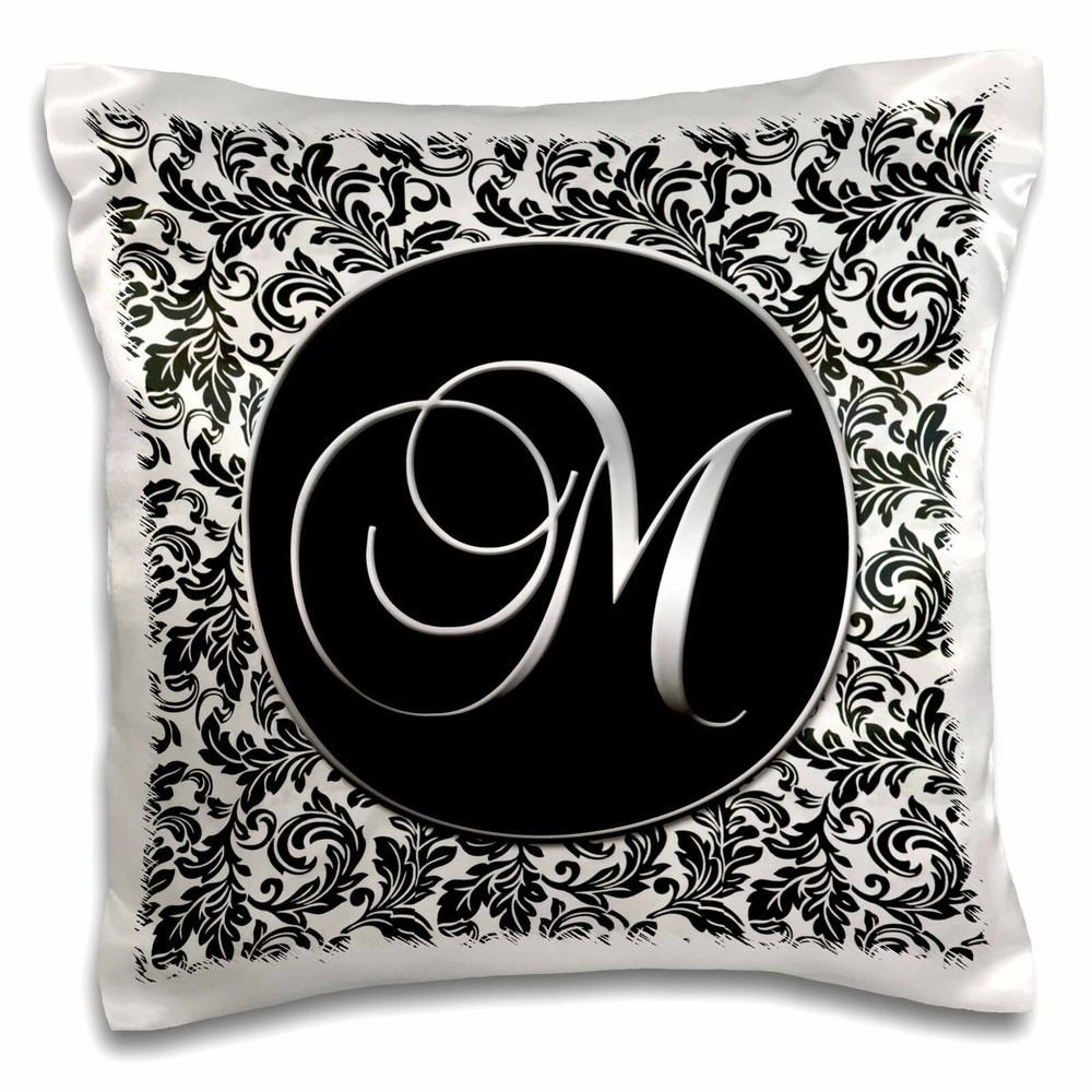 3D Rose Black and White Damask Monogram M 16x16 Pillow Case