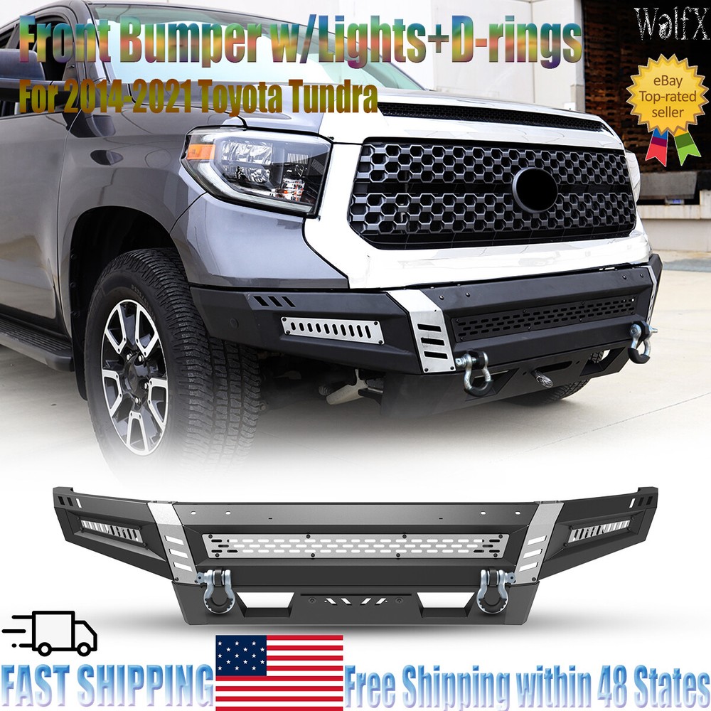 Front Bumper w/Lights+D-rings for 2014-2021 Toyota Tundra Off-Road Black Steel