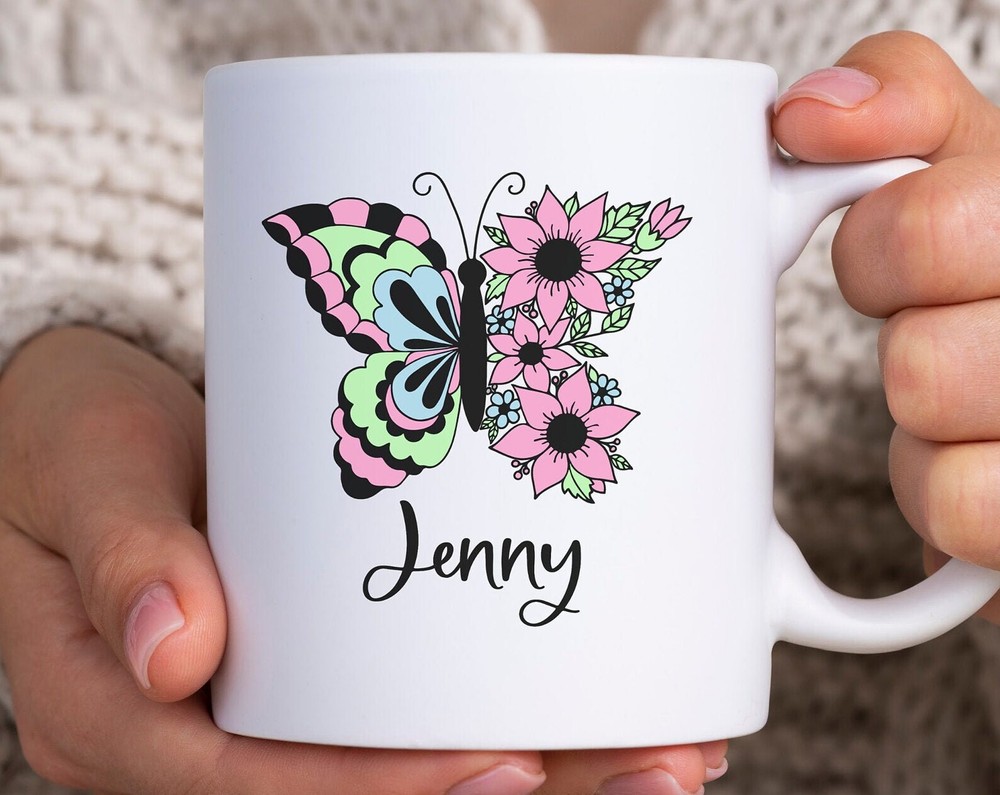 Personalized Floral Butterfly Mug Butterfly With Personalized Name Mug Coffee