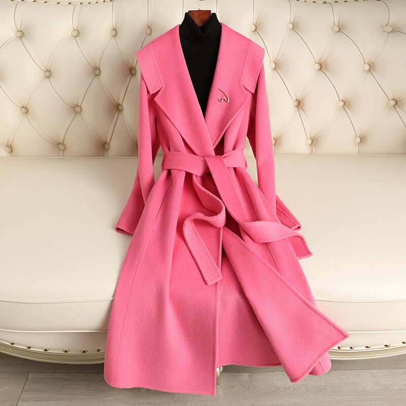 Luxury Double-Sided Wool Coat for Women with Lapel Belt Slim Fit Outwear-image