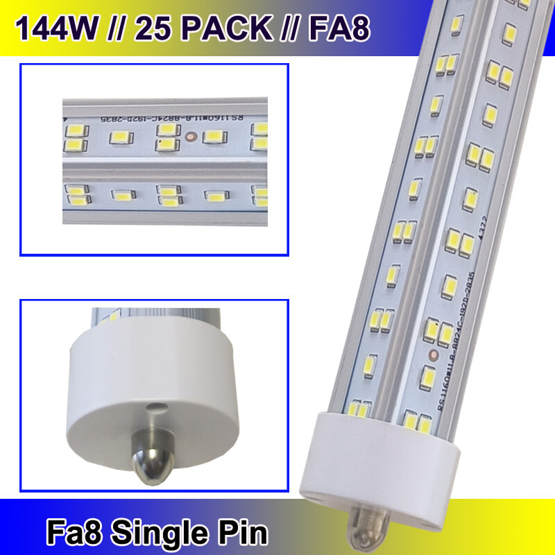 8FT Led Tube Light 144W FA8 T8 Single Pin LED Shop Light 8FT Bulbs 6500K 25PC